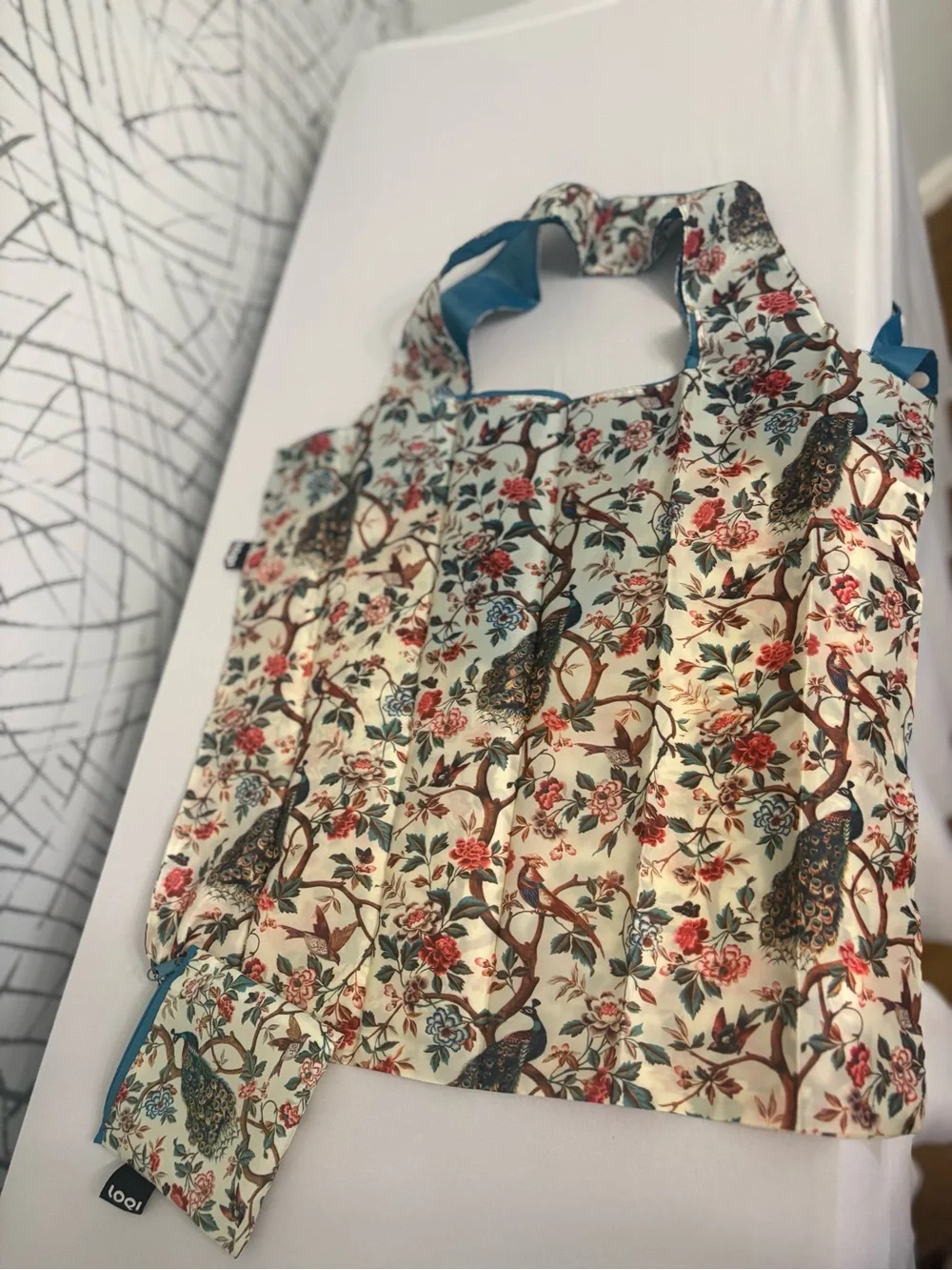 LOQI Peacock Floral Accent Pillow in Cream and Teal